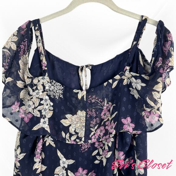 Torrid Navy Silver Pink Chiffon Plus Sz 3/ 22 Cold Shoulder Short Sleeve Top - Picture 8 of 16